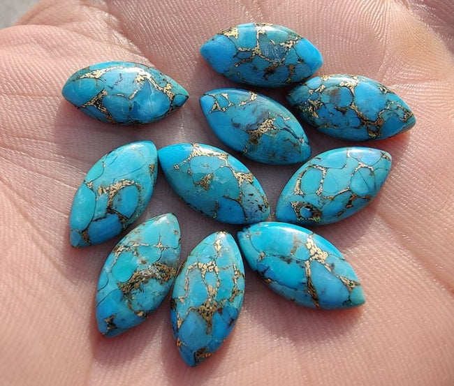 2 Pcs Blue Copper Turquoise Marquise Shape Flat Back Cabochon Gemstone, High Quality Gemstone for Jewelry Making, All Sizes Available