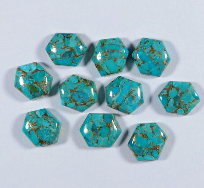 Blue Copper Turquoise Hexagon Flat Back Cabochon Gemstone, Blue Copper Turquoise Gemstone For DIY Jewelry Making, Matching Pair, 2 Pcs Set