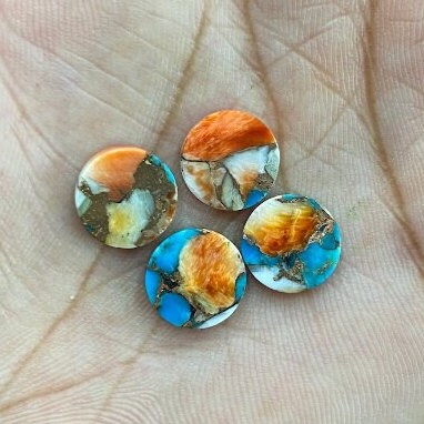 Buy Beautiful Natural Spiny Oyster Copper Turquoise Round Shape Flat Coin Cabochon Gemstone, Mix Oyster Kingman Turquoise for Jewelry Making