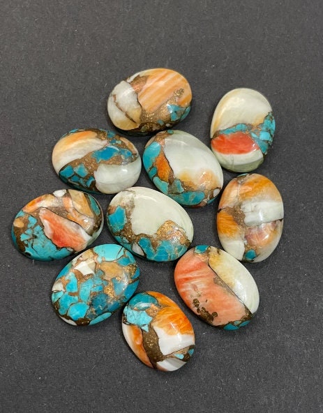 Natural Spiny Oyster Copper Turquoise Oval Shape Flatback Cabochon Gemstone for Beautiful Jewelry, Loose Gemstone, Rings, Necklace 2 Pcs Set